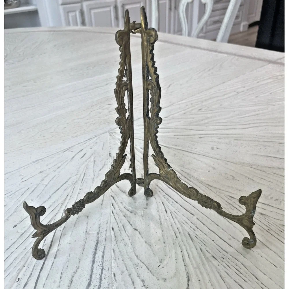 Vtg Lg Ornate Brass Scroll Folding Easel Plate Picture Art Stand 8